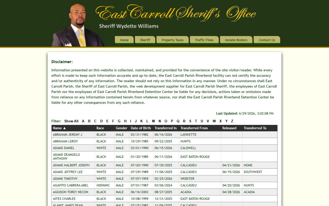 East Carroll Parish inmate search Riverbend roster page